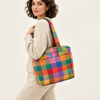 The Dopamine Tote worn on the shoulder