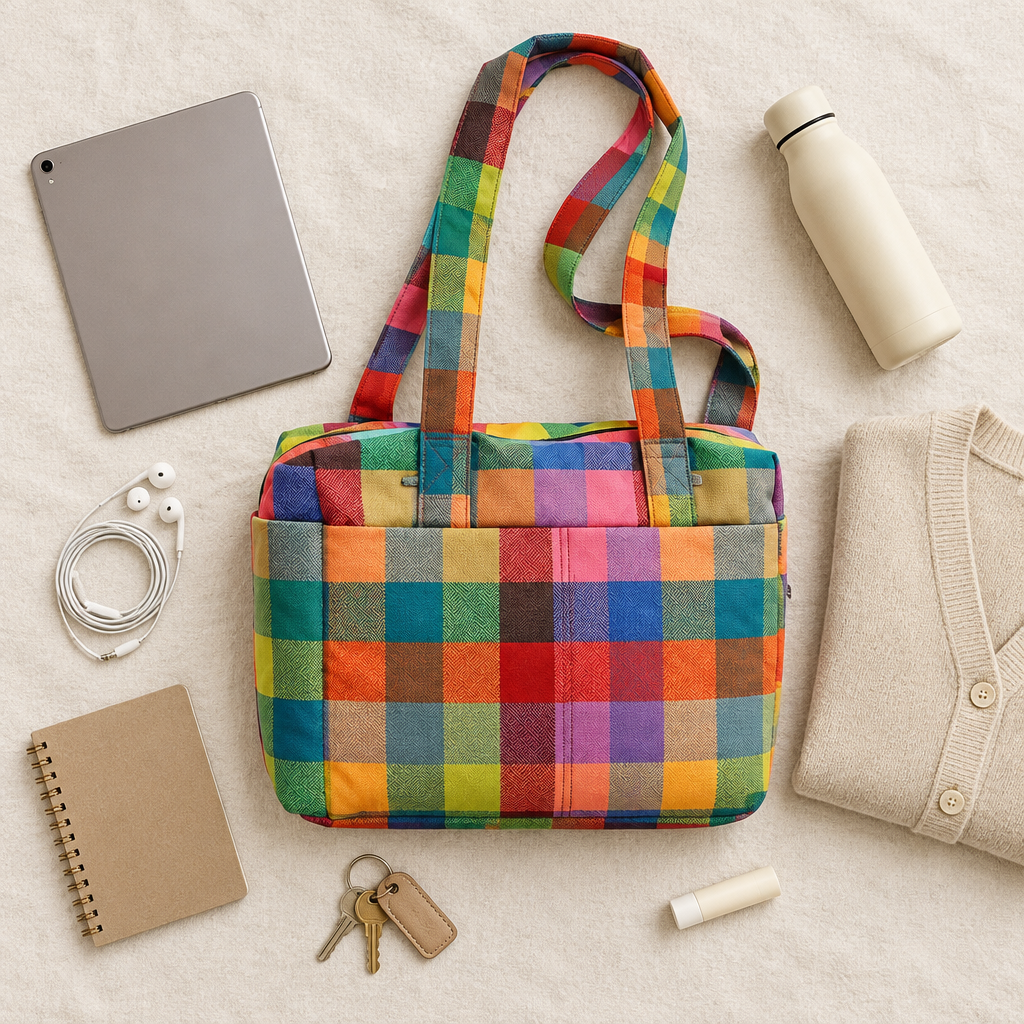 The Dopamine Tote flat-lay with everyday essentials
