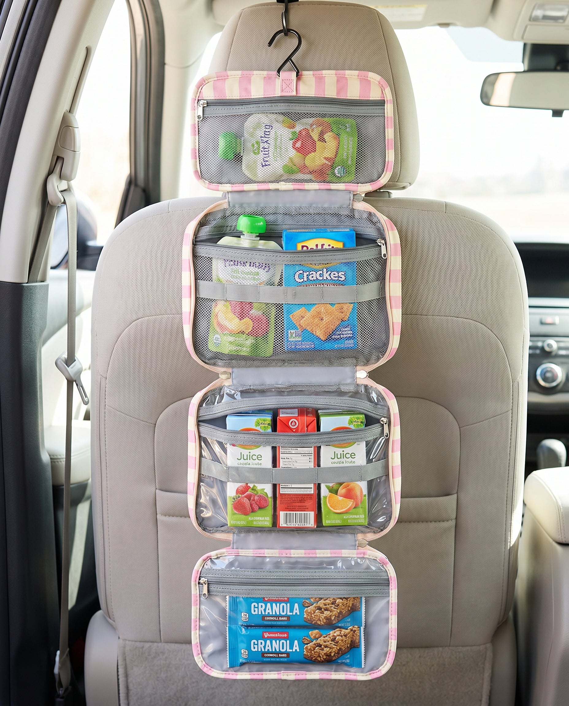 Mama Snack Bag hanging in car with 4 compartments open