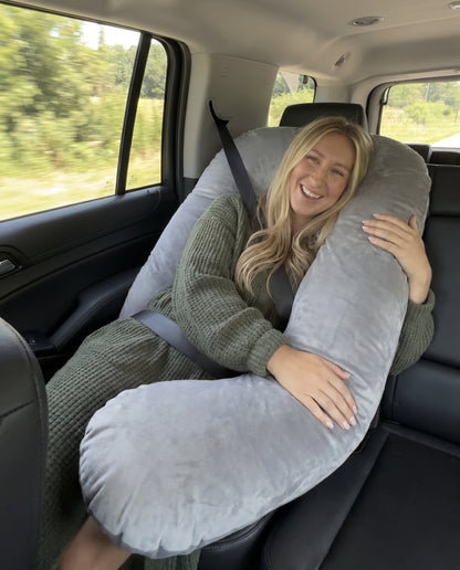 Passenger Princess Pillow Grey in car with seatbelt